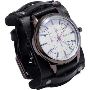Handmade Men Watches Vintage Punk Hip-hop Gothic Wide PU Leather Fashion Cuff Round Dial Quartz Wristwatch Big Dial Black Brown