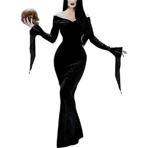 LVCBL Halloween Costumes for Women Velvet Dress Off Shoulder Long Sleeve Black Morticia Addams Gothic Dress