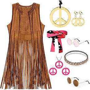Women Hippie Costume Set,60s 70s Costume For Women Disco, Hippie Accessories Sleeveless mid Length Fringe Vest
