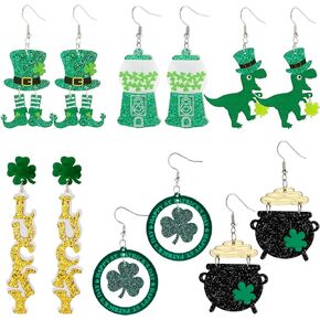 St Patricks Day Earrings Green Earrings for Women Clover Shamrock Earrings Lucky Dinosour Acrylic Earrings Holiday Earrings Bulk Drop Dangle 6 Pairs
