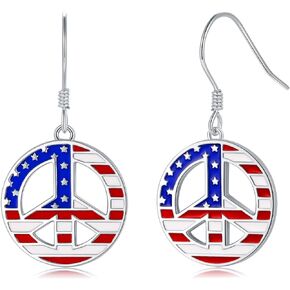 925 Sterling Silver Peace Sign Earrings - Patriotic Earrings for Women Dangling Circle Fourth of July American Flag Dangle Earrings Jewelry Gifts for Wife Women Teen Girls Peace Lover