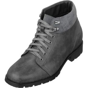 CALTO Men's Invisible Height Increasing Elevator Shoes - Leather Round-Toe Lace-up Ankle Boots - 3.3 Inches Taller