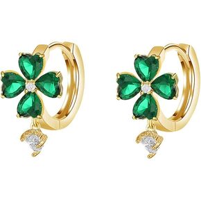 Irish Four Leaf Clover Shamrock Green Cubic Zirconia ST Patricks Day Small Hoop Earrings for Women Girls 14K Gold Plated Flower Huggie Hoops With Cute Love Heart Charm Good Luck Clover Crystal Earring Hypoallergenic Holiday Party Jewelry Gifts