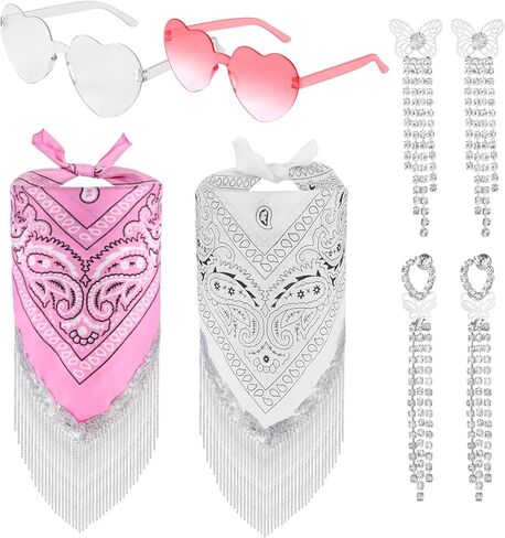 libfrnt 2 Pcs Fringe Bandana Paisley Bandana Scarf, 2 Pcs Heart Sunglasses 2 Pairs Long Rhinestone Butterfly Earrings Cowgirl Accessories for Women Girls Birthday Bachelorette Wedding Christmas Party in Kuwait