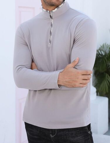 قميص بولو رجالي من TURETRENDY بسحاب 1/4 وياقة على شكل حرف V وأكمام طويلة وياقة منقوشة كاجوال قميص جولف in Kuwait