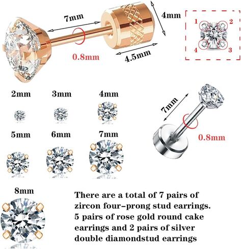Flat Screw Back Stud Earrings,7 Pairs Titanium Hypoallergenic Surgical Stainless Steel Earring for Women Men,Simulated Diamond CZ Studs Earring Set for Cartilage 2-8mm in Kuwait