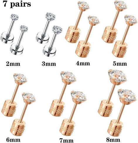 Flat Screw Back Stud Earrings,7 Pairs Titanium Hypoallergenic Surgical Stainless Steel Earring for Women Men,Simulated Diamond CZ Studs Earring Set for Cartilage 2-8mm in Kuwait