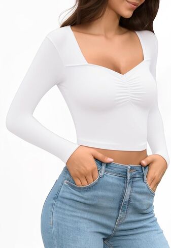 CLOZOZ قطع علوية قصيرة الأكمام للنساء فتحة رقبة على شكل قلب مثير مكشكش رقبة مربعة المحاصيل الأعلى سليم صالح اقتصاص قميص العصرية in Kuwait