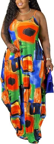 WUSENST Women's Casual Adjustable Spaghetti Strap Maxi Dress Plus Size Sundresses with Pockets in Saudi Arabia