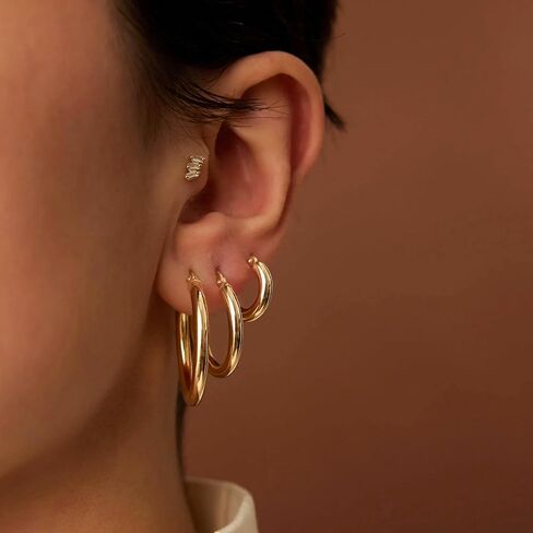 Gold Hoop Earrings Set for Women, 14k Real Gold Filled Chunky Thick Trendy Hypoallergenic Earring, Aesthetic Jewelry Accessories for Women Teen Girl Gifts 3 Pairs in Saudi Arabia