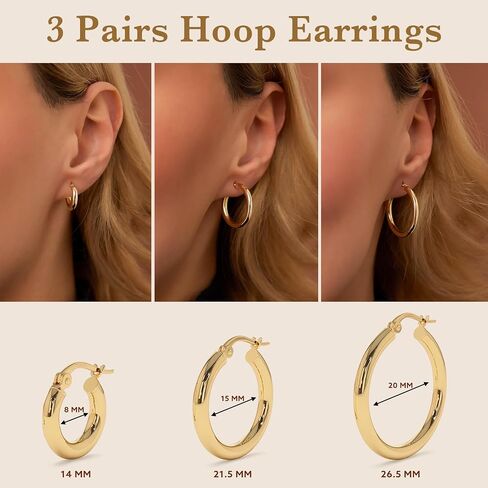 Gold Hoop Earrings Set for Women, 14k Real Gold Filled Chunky Thick Trendy Hypoallergenic Earring, Aesthetic Jewelry Accessories for Women Teen Girl Gifts 3 Pairs in Saudi Arabia