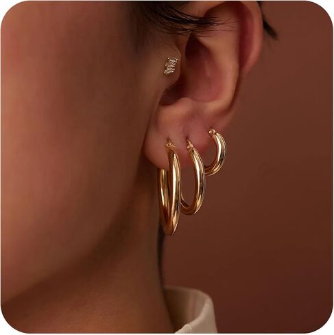 Gold Hoop Earrings Set for Women, 14k Real Gold Filled Chunky Thick Trendy Hypoallergenic Earring, Aesthetic Jewelry Accessories for Women Teen Girl Gifts 3 Pairs in Saudi Arabia