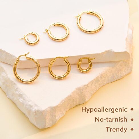 Gold Hoop Earrings Set for Women, 14k Real Gold Filled Chunky Thick Trendy Hypoallergenic Earring, Aesthetic Jewelry Accessories for Women Teen Girl Gifts 3 Pairs in Saudi Arabia