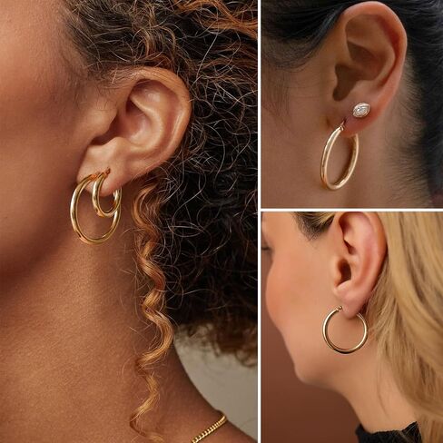 Gold Hoop Earrings Set for Women, 14k Real Gold Filled Chunky Thick Trendy Hypoallergenic Earring, Aesthetic Jewelry Accessories for Women Teen Girl Gifts 3 Pairs in Saudi Arabia