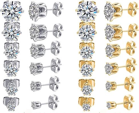 12 Pairs Stud Earrings Set for Women,Gold Silver Hypoallergenic Cubic Zirconia Stainless Steel Stud Earrings Set,Suitable for Women and Men 3-8mm in Saudi Arabia