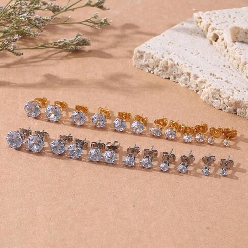 12 Pairs Stud Earrings Set for Women,Gold Silver Hypoallergenic Cubic Zirconia Stainless Steel Stud Earrings Set,Suitable for Women and Men 3-8mm in Saudi Arabia