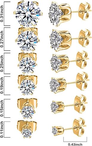 12 Pairs Stud Earrings Set for Women,Gold Silver Hypoallergenic Cubic Zirconia Stainless Steel Stud Earrings Set,Suitable for Women and Men 3-8mm in Saudi Arabia