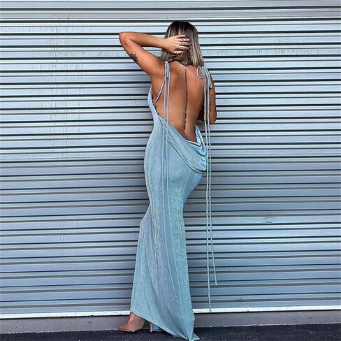 المرأة مثير فستان طويل Bodycon مفتوح الظهر التعادل بلون الرسن الرقبة بلا أكمام الصيف كلوبوير فستان الشاطئ in Kuwait