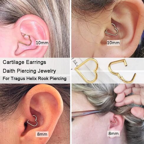 أقراط الغضروف مجوهرات ثقب Daith: أقراط قلب من التيتانيوم للنساء أقراط نائمة متمحورة لـ Tragus Helix Rook Piercing مجوهرات من الفولاذ الجراحي 16G مطلية بالذهب والفضة 8 مم 10 مم 12 مم in Saudi Arabia