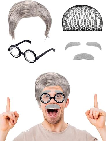 Frienda 6 Pieces Old Man Costume Set Includes Wig Mustache Eyebrows Glasses Wig Cap for Dressing up(Style 2) in Saudi Arabia