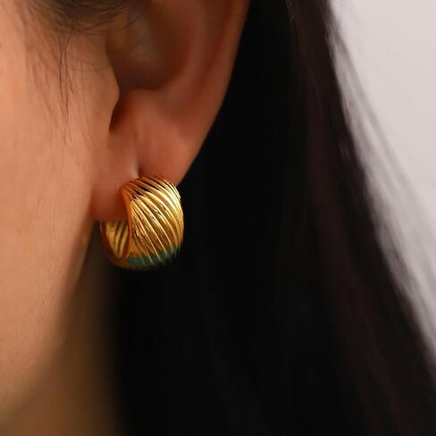 18K Gold Plated Chunky Gold Hoops Earrings for Women, Half Open Stud Hoop Lightweight Earrings, Trendy Statement Retro Round Hoop Earrings, Thick Gold Hypoallergenic Jewelry in Saudi Arabia