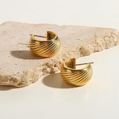 18K Gold Plated Chunky Gold Hoops Earrings for Women, Half Open Stud Hoop Lightweight Earrings, Trendy Statement Retro Round Hoop Earrings, Thick Gold Hypoallergenic Jewelry in Saudi Arabia
