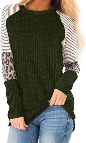 IWOLLENCE Women's Long Sleeve Tops Waffle Knit Tunics Leopard Stripe Color Block Casual Shirts Round Neck Sweatshirt in Saudi Arabia