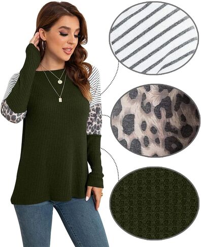 IWOLLENCE Women's Long Sleeve Tops Waffle Knit Tunics Leopard Stripe Color Block Casual Shirts Round Neck Sweatshirt in Saudi Arabia