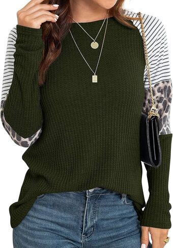 IWOLLENCE Women's Long Sleeve Tops Waffle Knit Tunics Leopard Stripe Color Block Casual Shirts Round Neck Sweatshirt in Saudi Arabia