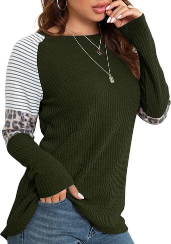 IWOLLENCE Women's Long Sleeve Tops Waffle Knit Tunics Leopard Stripe Color Block Casual Shirts Round Neck Sweatshirt in Saudi Arabia