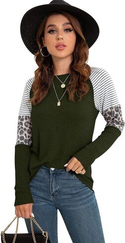 IWOLLENCE Women's Long Sleeve Tops Waffle Knit Tunics Leopard Stripe Color Block Casual Shirts Round Neck Sweatshirt in Saudi Arabia