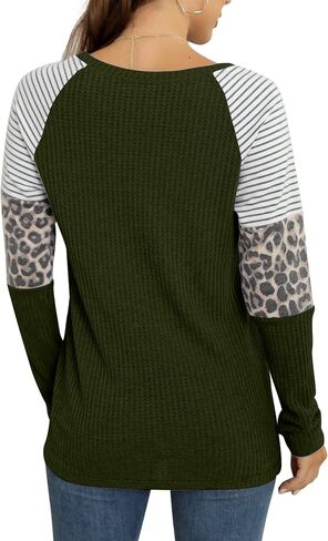 IWOLLENCE Women's Long Sleeve Tops Waffle Knit Tunics Leopard Stripe Color Block Casual Shirts Round Neck Sweatshirt in Saudi Arabia