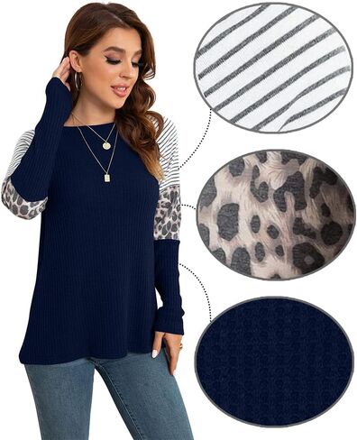 IWOLLENCE المرأة طويلة الأكمام بلايز الهراء متماسكة الستر ليوبارد شريط اللون كتلة قمصان عادية الجولة الرقبة البلوز in Kuwait