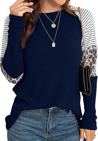 IWOLLENCE المرأة طويلة الأكمام بلايز الهراء متماسكة الستر ليوبارد شريط اللون كتلة قمصان عادية الجولة الرقبة البلوز in Kuwait