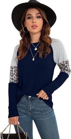 IWOLLENCE المرأة طويلة الأكمام بلايز الهراء متماسكة الستر ليوبارد شريط اللون كتلة قمصان عادية الجولة الرقبة البلوز in Kuwait