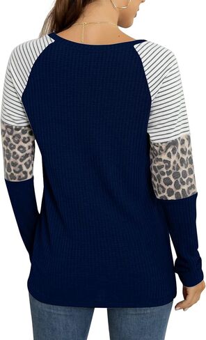 IWOLLENCE المرأة طويلة الأكمام بلايز الهراء متماسكة الستر ليوبارد شريط اللون كتلة قمصان عادية الجولة الرقبة البلوز in Kuwait