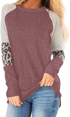 IWOLLENCE Women's Long Sleeve Tops Waffle Knit Tunics Leopard Stripe Color Block Casual Shirts Round Neck Sweatshirt in Saudi Arabia