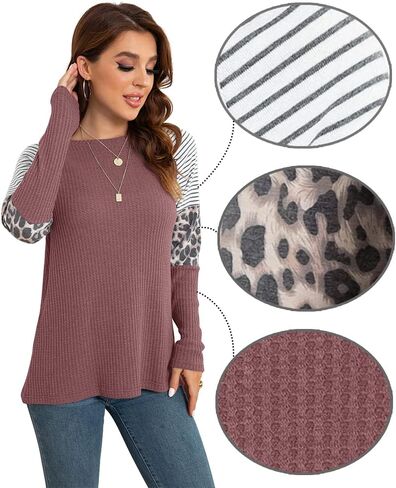 IWOLLENCE Women's Long Sleeve Tops Waffle Knit Tunics Leopard Stripe Color Block Casual Shirts Round Neck Sweatshirt in Saudi Arabia