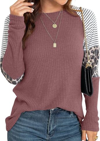 IWOLLENCE Women's Long Sleeve Tops Waffle Knit Tunics Leopard Stripe Color Block Casual Shirts Round Neck Sweatshirt in Saudi Arabia
