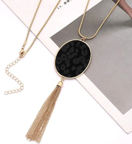 Long Necklaces for Women Statement Leopard Snakeskin Fur Pattern Necklace Oval Leather Pendant Necklaces Jewelry in Saudi Arabia