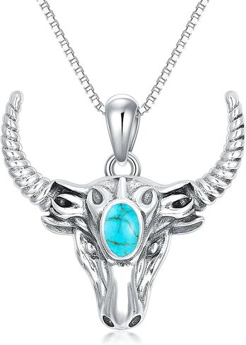DOLIOX Genuine Bull Head Turquoise Pendant Necklace, Sterling Silver Native Western Boho Native Jewelry December Birthstone Birthdays Gift, 18''+2'' in Saudi Arabia