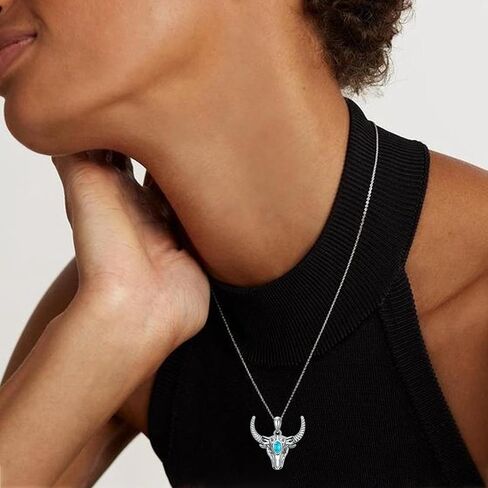 DOLIOX Genuine Bull Head Turquoise Pendant Necklace, Sterling Silver Native Western Boho Native Jewelry December Birthstone Birthdays Gift, 18''+2'' in Saudi Arabia