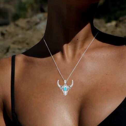 DOLIOX Genuine Bull Head Turquoise Pendant Necklace, Sterling Silver Native Western Boho Native Jewelry December Birthstone Birthdays Gift, 18''+2'' in Saudi Arabia