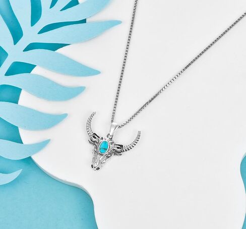 DOLIOX Genuine Bull Head Turquoise Pendant Necklace, Sterling Silver Native Western Boho Native Jewelry December Birthstone Birthdays Gift, 18''+2'' in Saudi Arabia