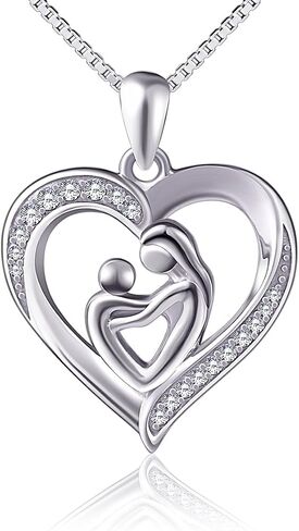 DAOCHONG Mother's Day Gift Mother Holding Child Sterling Silver Mothers Love Heart CZ Pendant Necklace for Women Mother Grandmother in Saudi Arabia