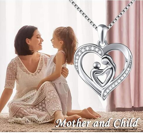 DAOCHONG Mother's Day Gift Mother Holding Child Sterling Silver Mothers Love Heart CZ Pendant Necklace for Women Mother Grandmother in Saudi Arabia