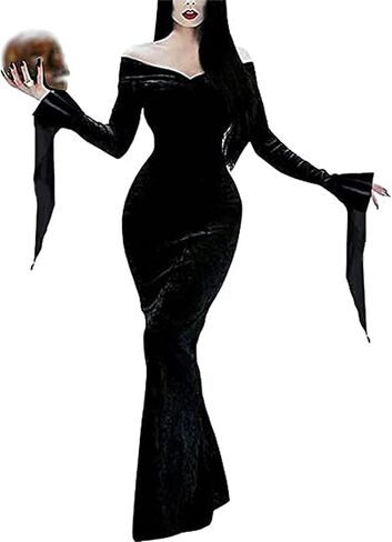 أزياء الهالوين LVCBL للنساء فستان مخملي بدون أكتاف وأكمام طويلة أسود من Morticia Addams فستان قوطي in Saudi Arabia