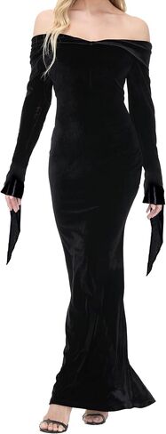 أزياء الهالوين LVCBL للنساء فستان مخملي بدون أكتاف وأكمام طويلة أسود من Morticia Addams فستان قوطي in Saudi Arabia