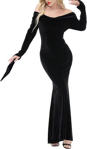 أزياء الهالوين LVCBL للنساء فستان مخملي بدون أكتاف وأكمام طويلة أسود من Morticia Addams فستان قوطي in Saudi Arabia