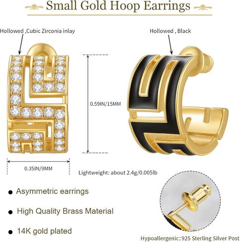 Asymmetric Open Small Gold Hoop Earrings for Women : Dainty 14K Gold Plated C Shaped Post Hoop Earrings Hypoallergenic Chunky Thick Huggie Hoop Earrings for Girls, Brass, Cubic Zirconia in Kuwait